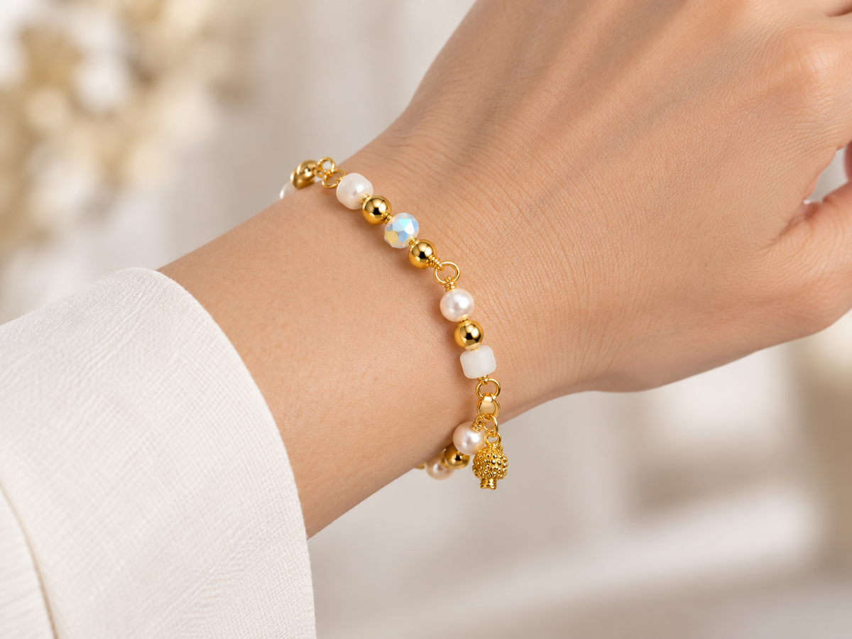Gold Pearl Beaded Charm Bracelet