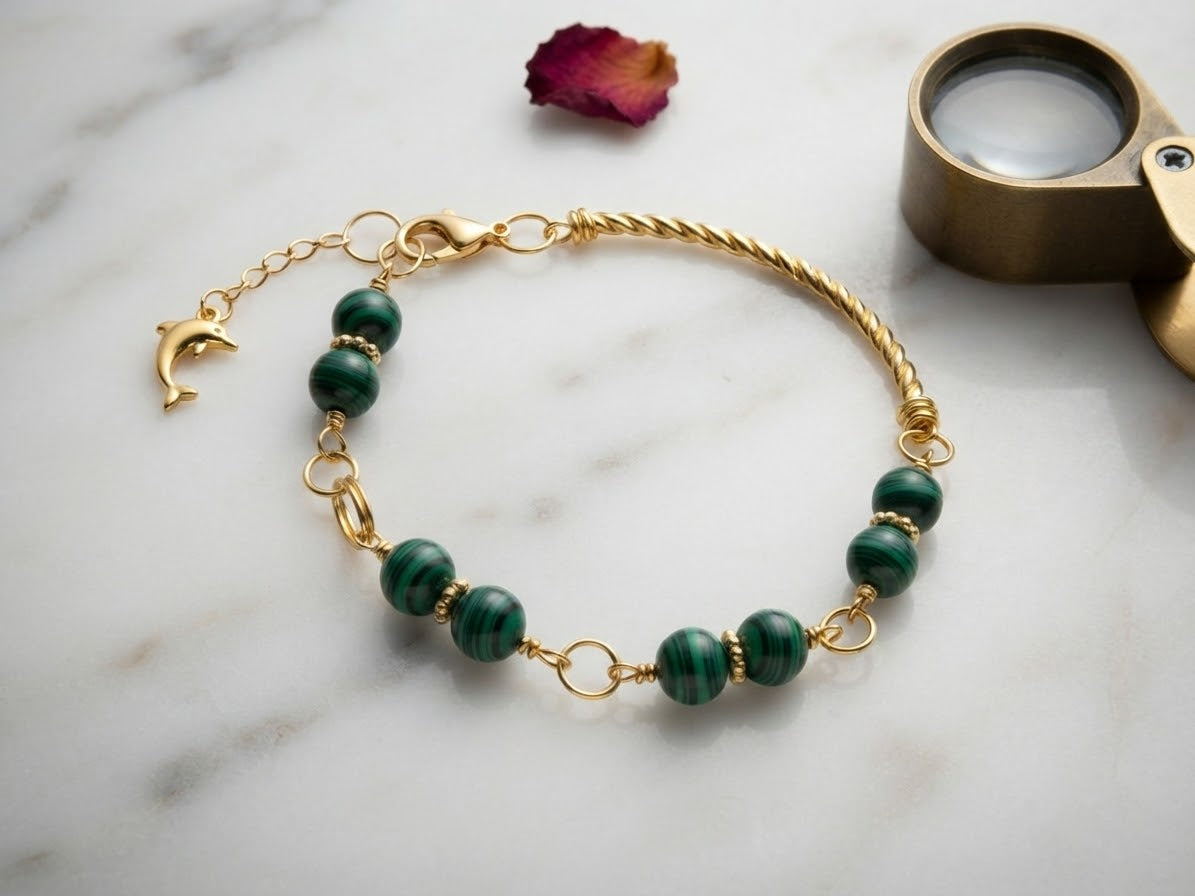 Green Beaded Dolphin Charm Bracelet