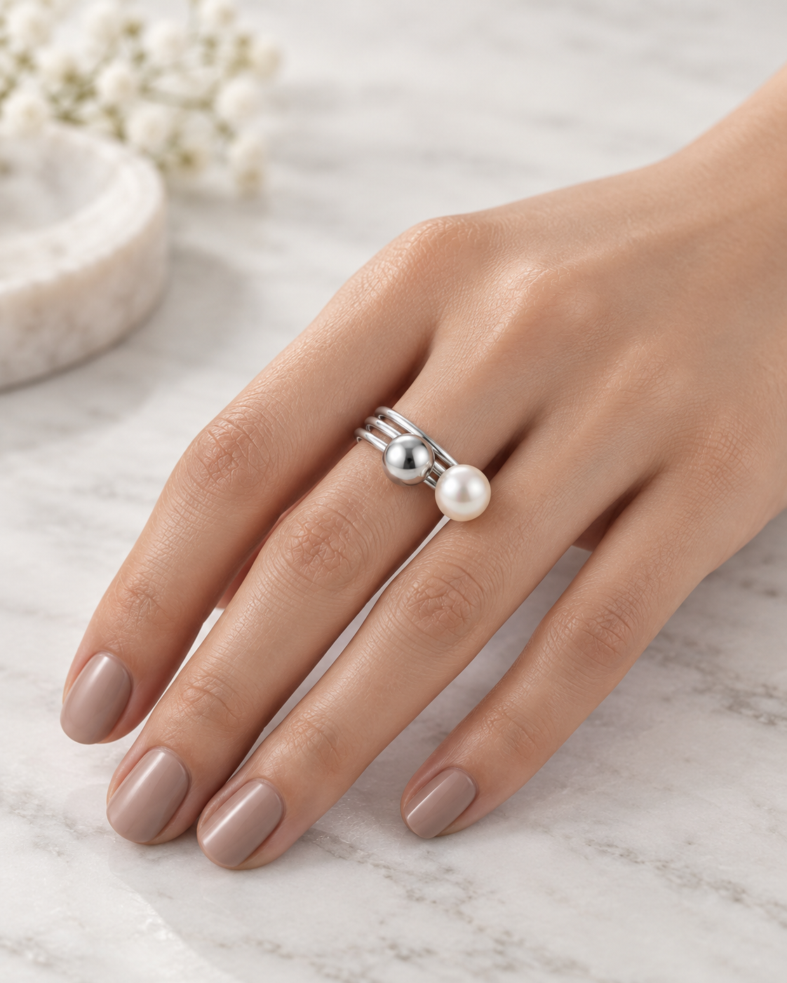 Pearl & Silver Spiral Ring
