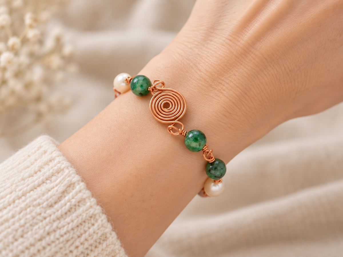Green Pearl Copper Spiral Bracelet