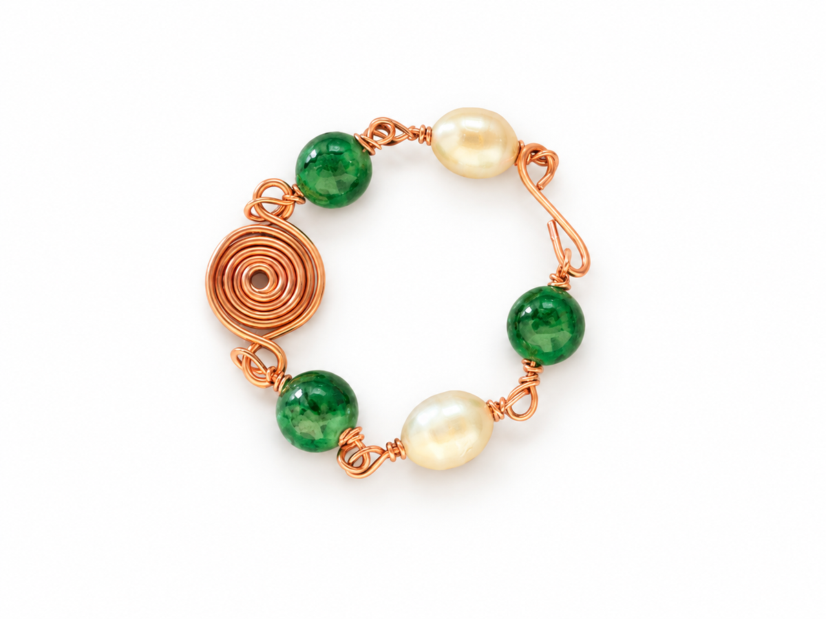 Green Pearl Copper Spiral Bracelet