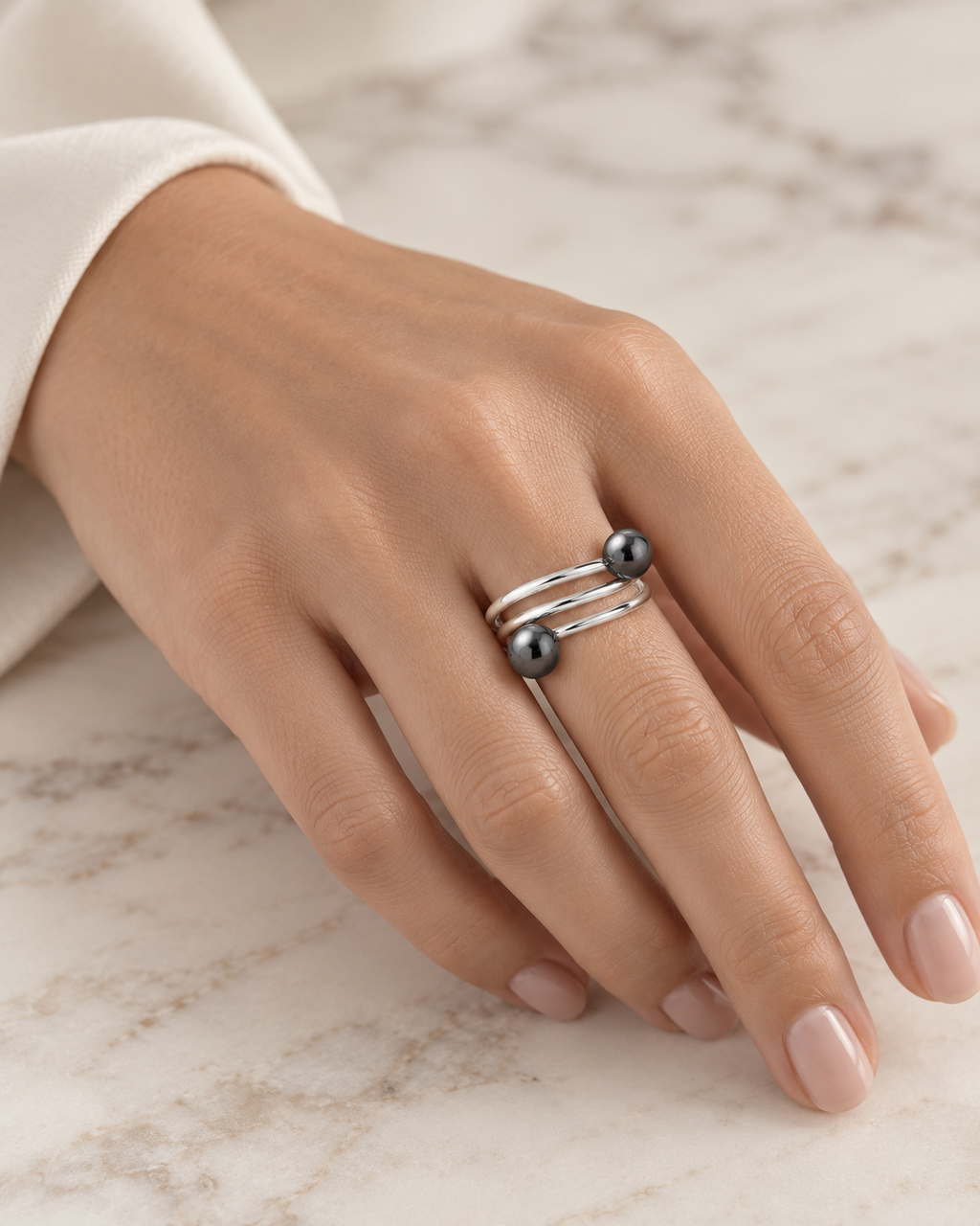 Silver Double-Ball Spiral Ring
