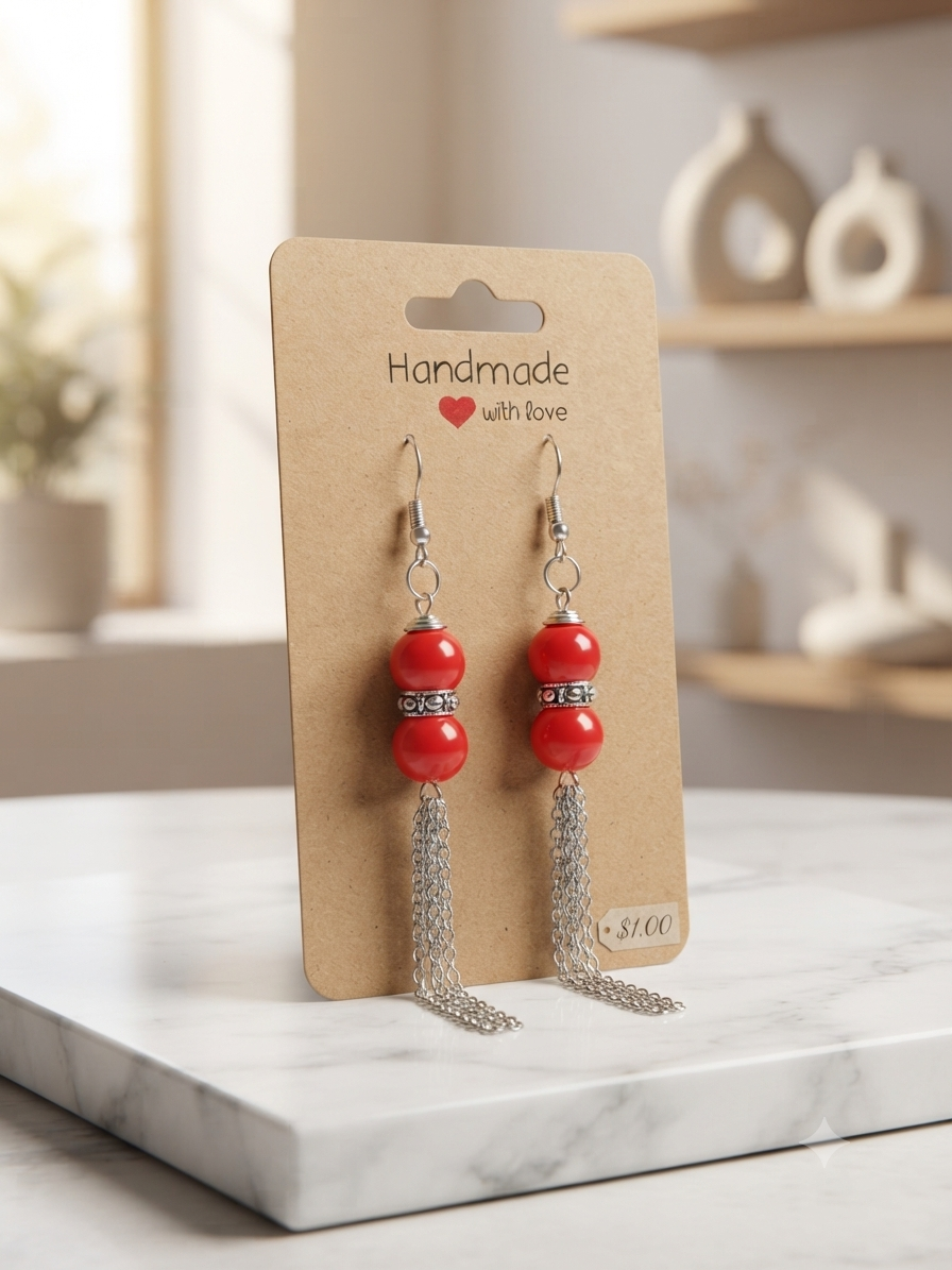Scarlet Red Beaded Chain Tassel Earrings