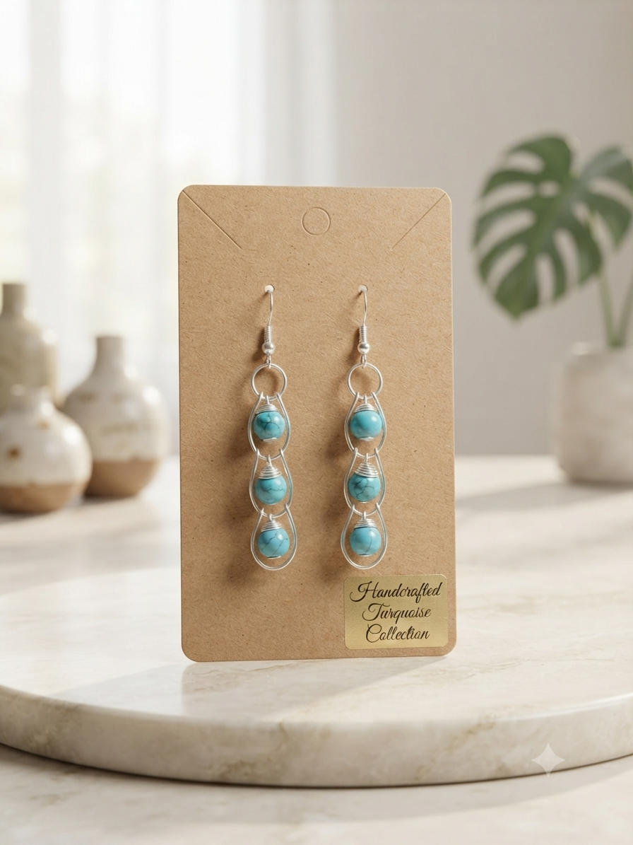 Turquoise Triple Bead Silver Drop Earrings