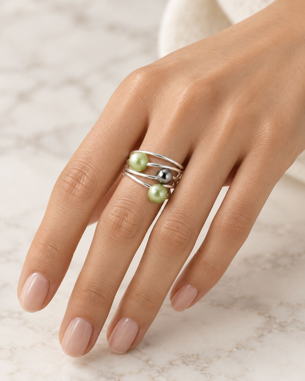 Green Pearl Spiral Ring