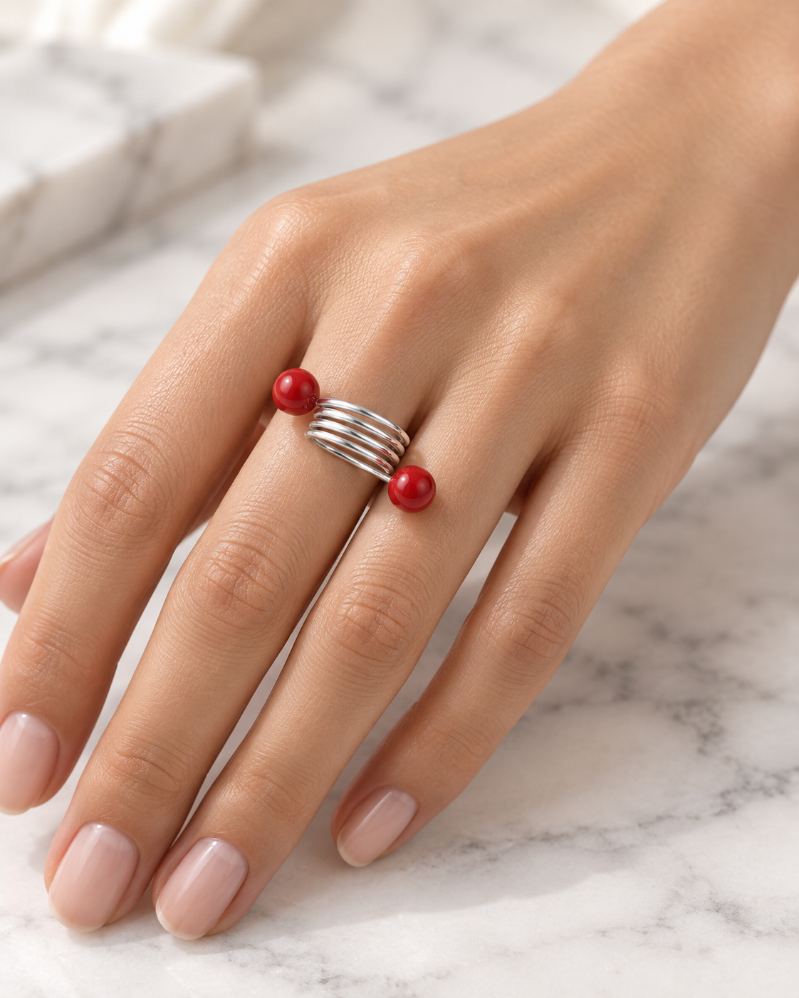 Red Bead Silver Spiral Ring