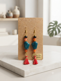 Boho Teal & Orange Red Tassel Earrings