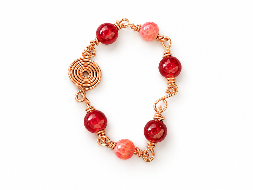 Red Coral Copper Wire Spiral Bracelet