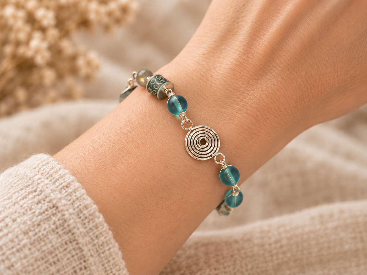 Blue Green Silver Spiral Wire Bracelet
