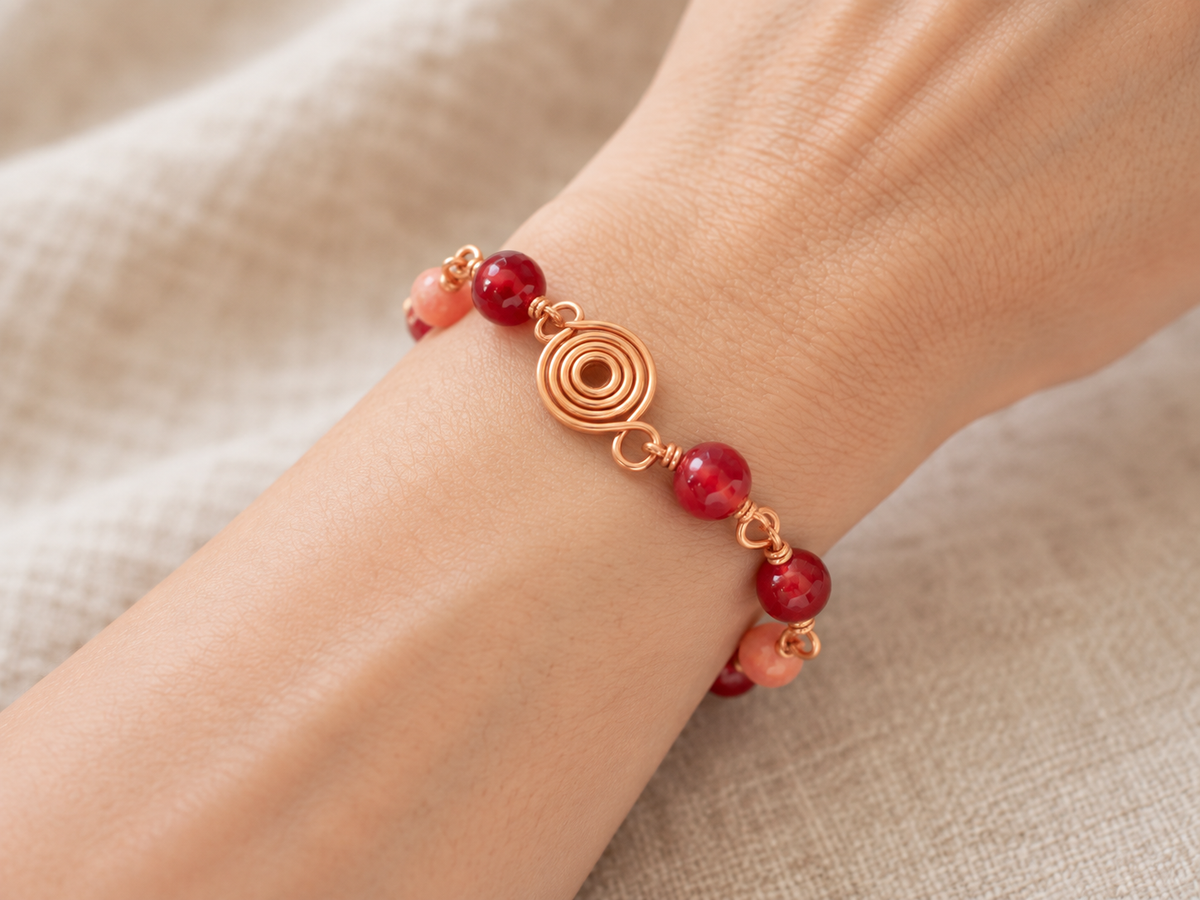 Red Coral Copper Wire Spiral Bracelet