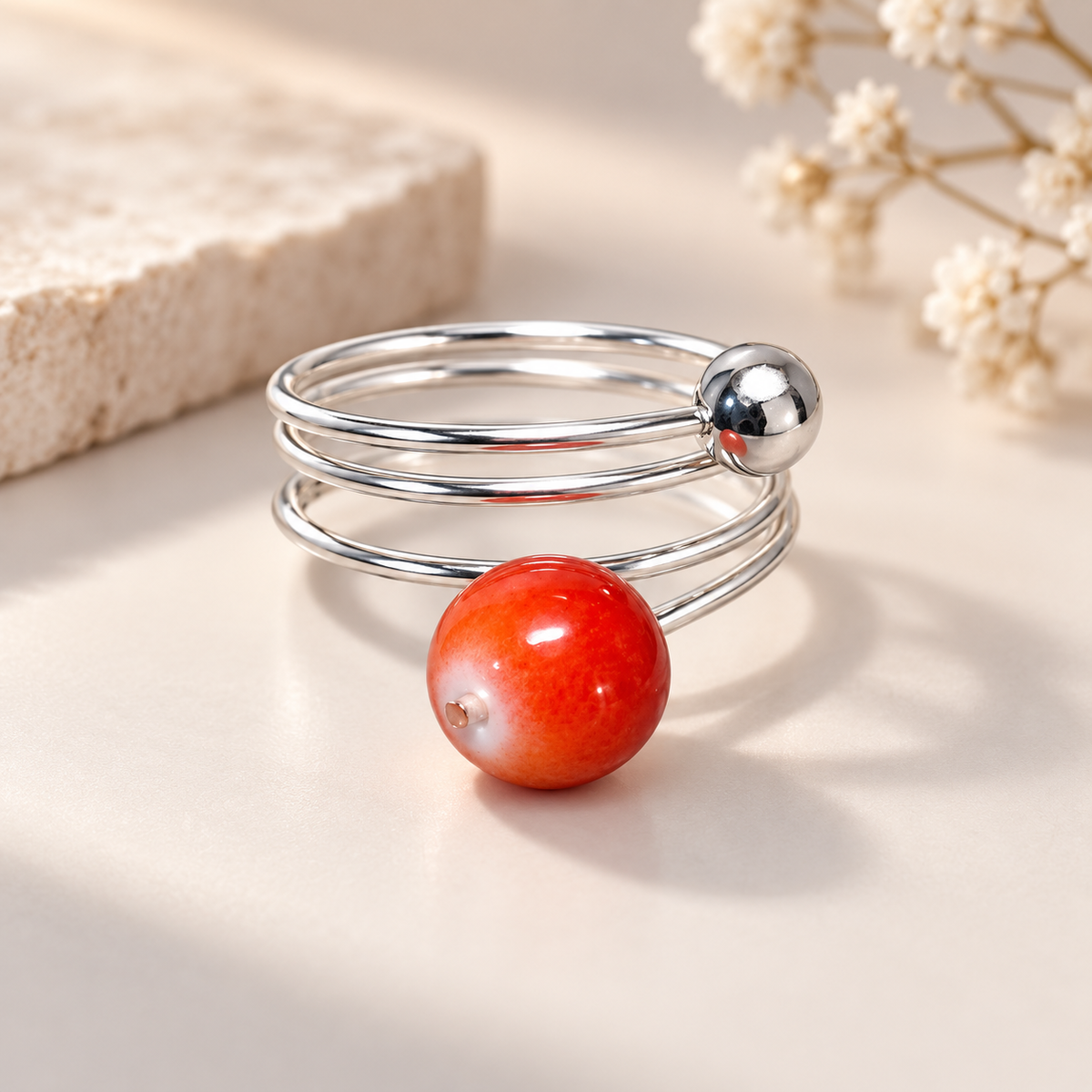 Red Coral & Silver Spiral Ring