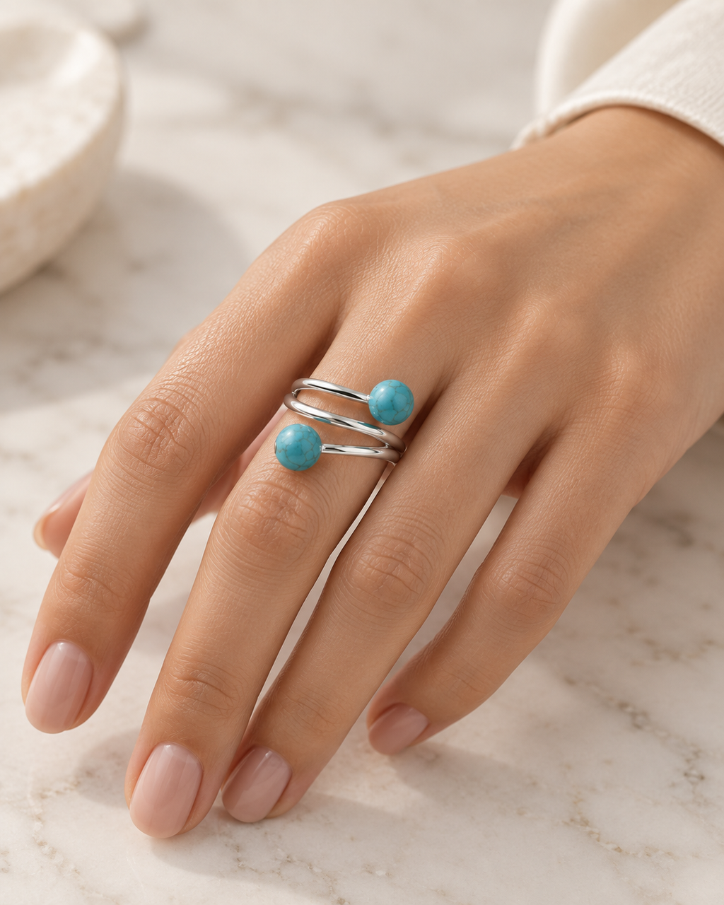 Turquoise Double-Bead Spiral Ring
