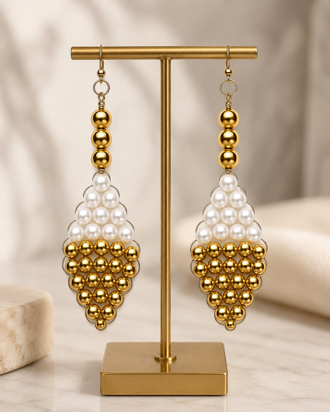 Pearl-Look Gold Beaded Cluster Statement Earrings