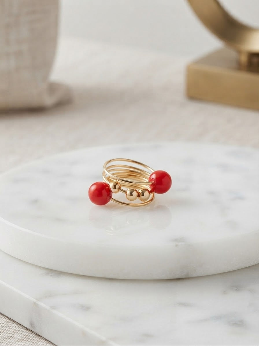 Red & Gold Bead Wire Ring