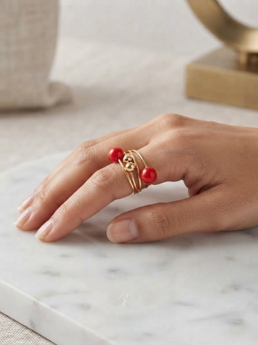 Red & Gold Bead Wire Ring