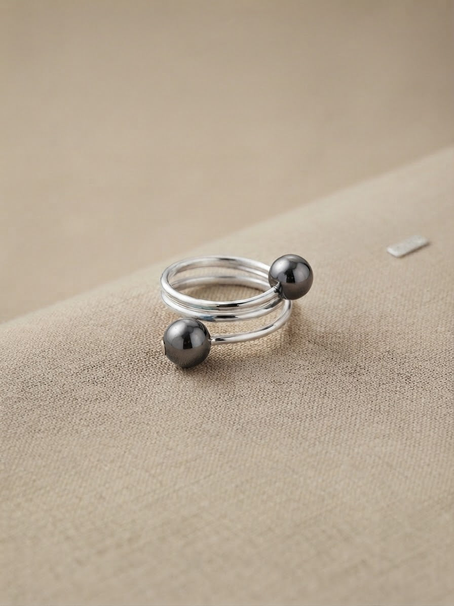 Silver Double-Ball Spiral Ring