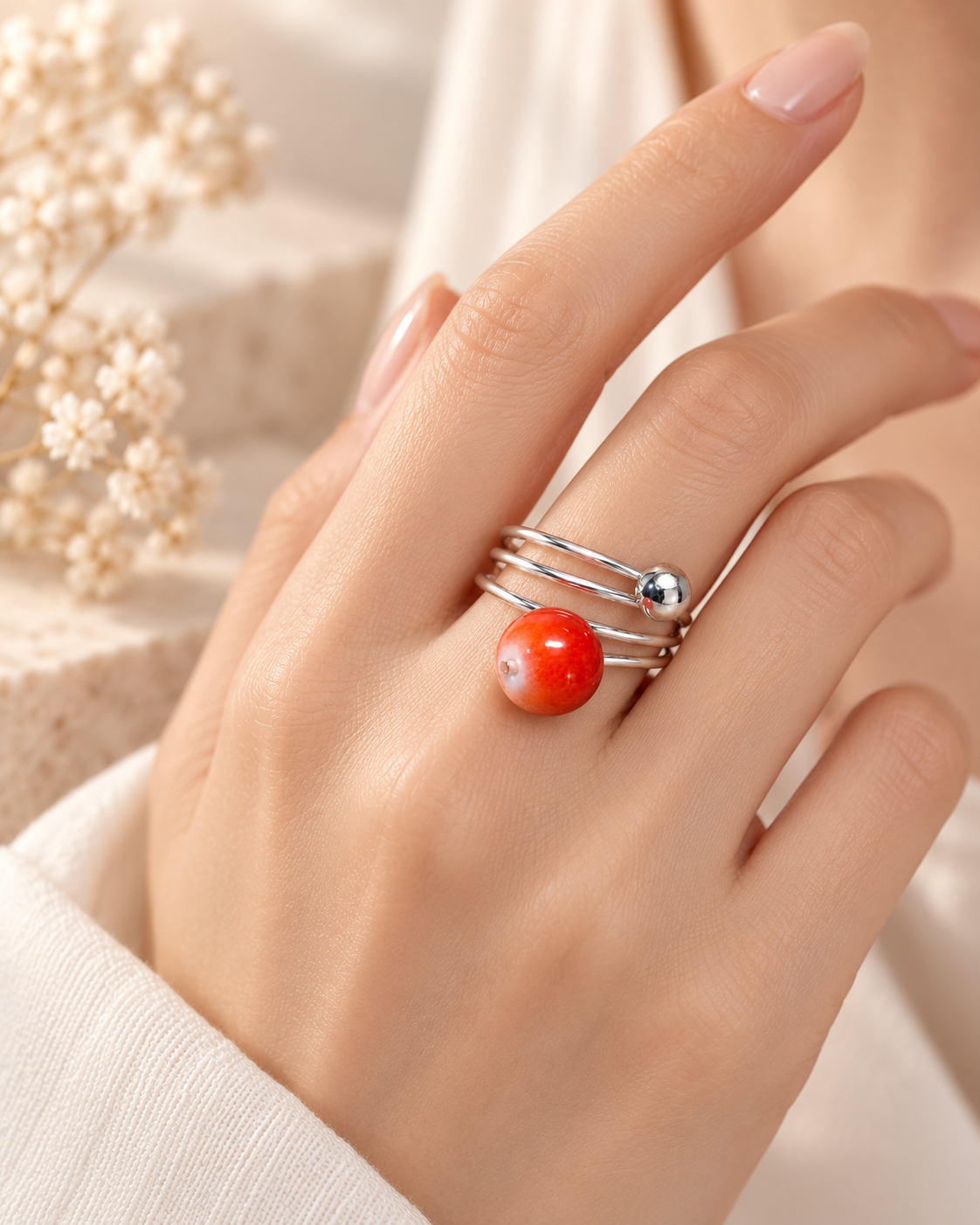 Red Coral & Silver Spiral Ring