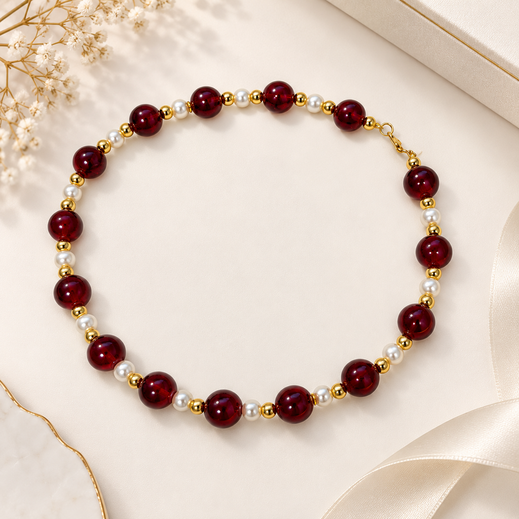 Burgundy Pearl & Gold Beaded Necklace