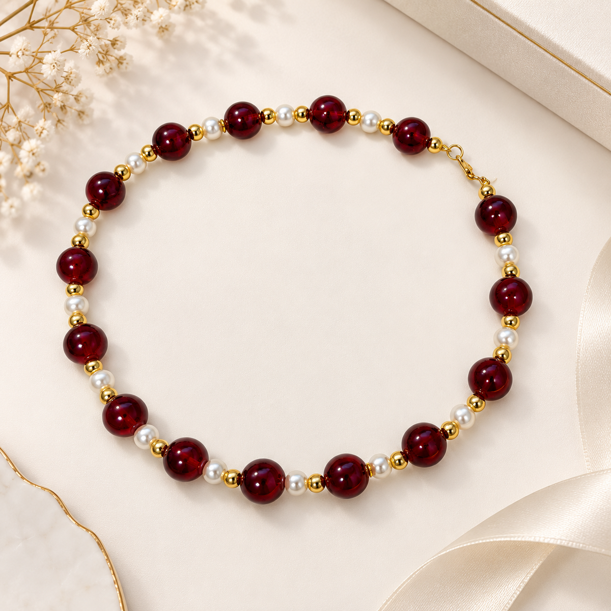 Burgundy Pearl & Gold Beaded Necklace