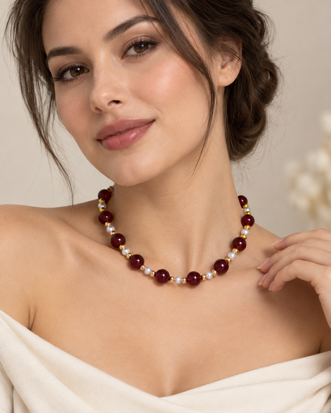 Burgundy Pearl & Gold Beaded Necklace