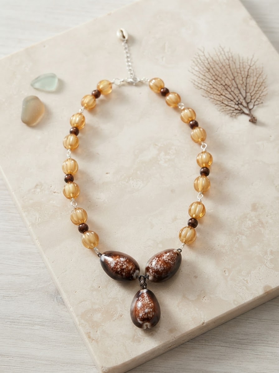 Amber Shell Drop Beaded Necklace