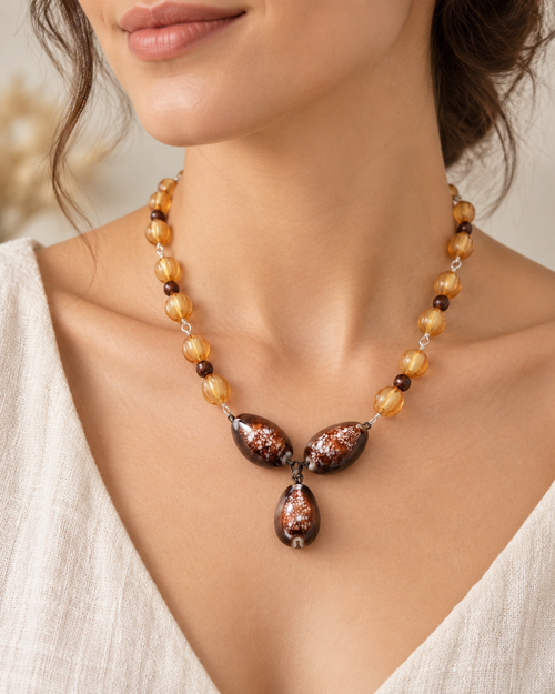 Amber Shell Drop Beaded Necklace