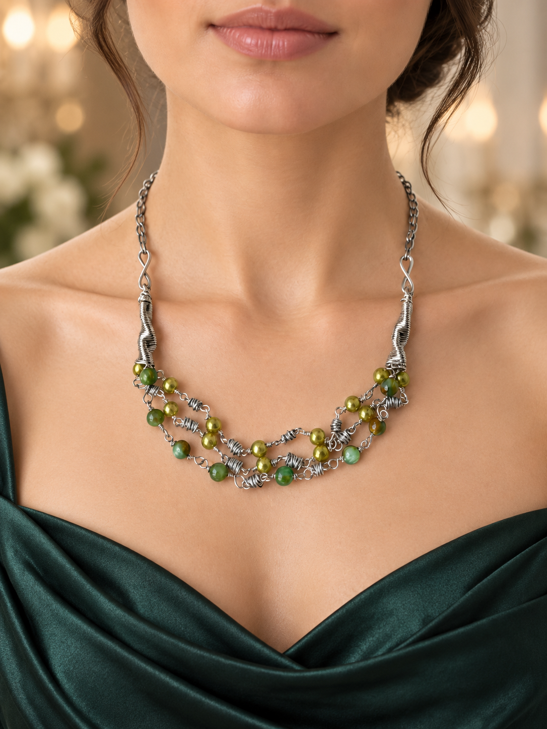 Green Beaded Silver Wire Statement Necklace