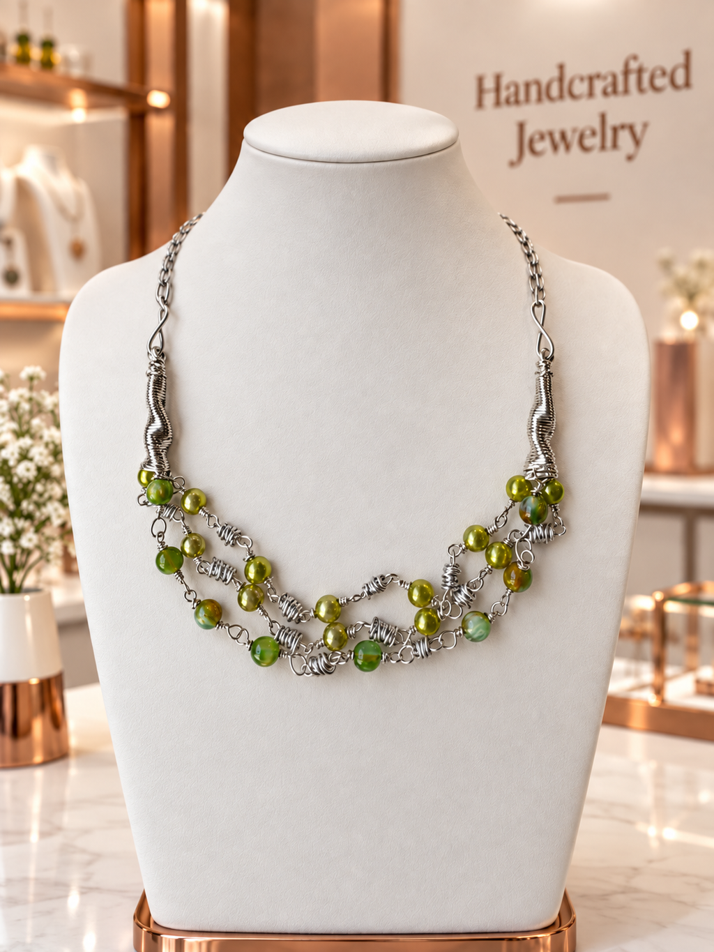 Green Beaded Silver Wire Statement Necklace