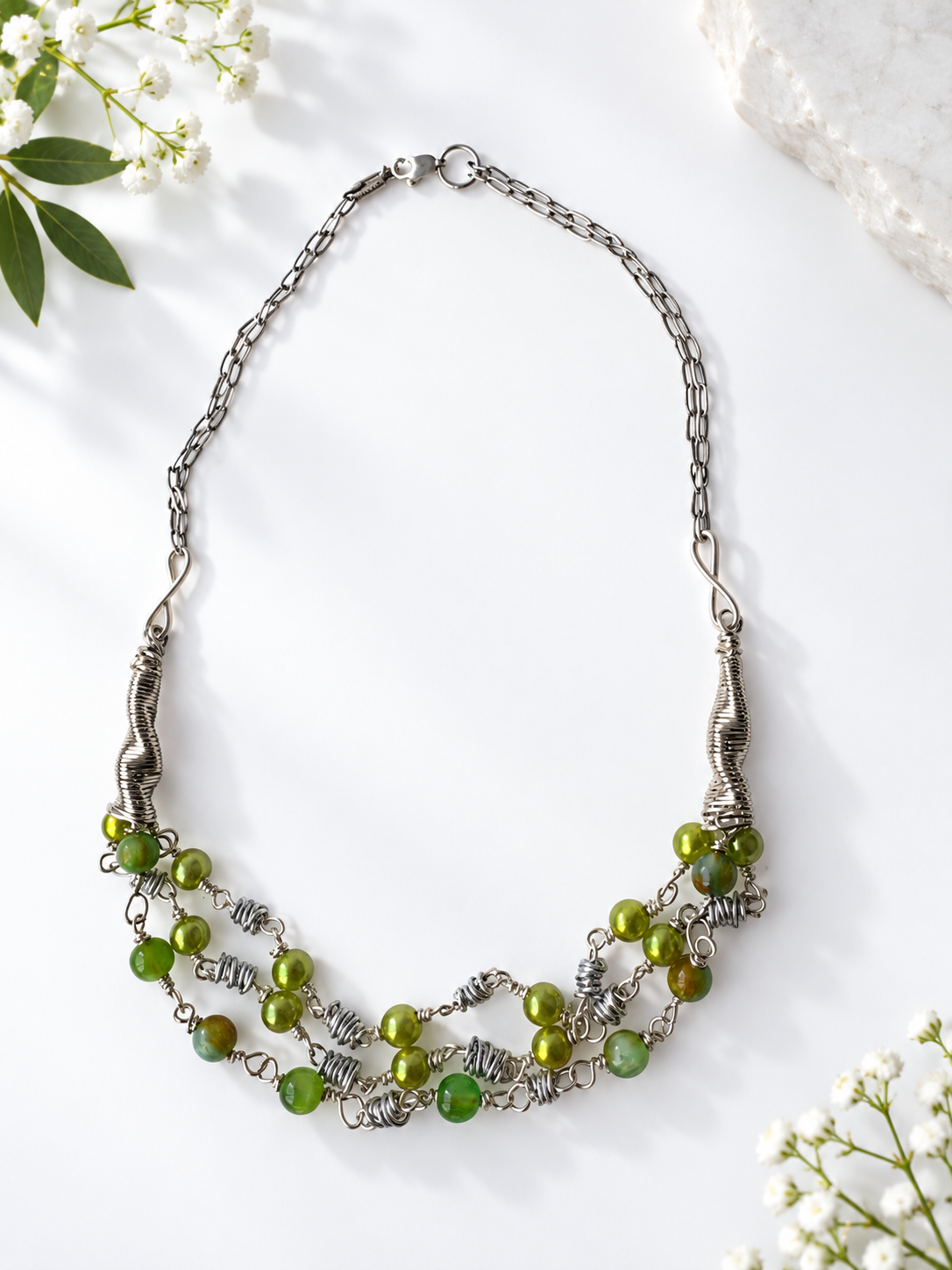 Green Beaded Silver Wire Statement Necklace