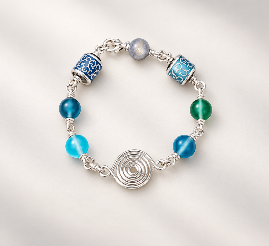 Blue Green Silver Spiral Wire Bracelet