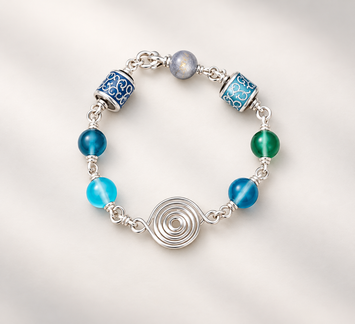 Blue Green Silver Spiral Wire Bracelet